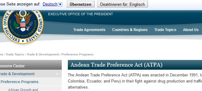 Von Obama nach 22 Jahren in seiner Wut auf Edward Snowden zerschmettert: Der Andean Trade Promotion and Drug Eradication Act (ATPDEA).