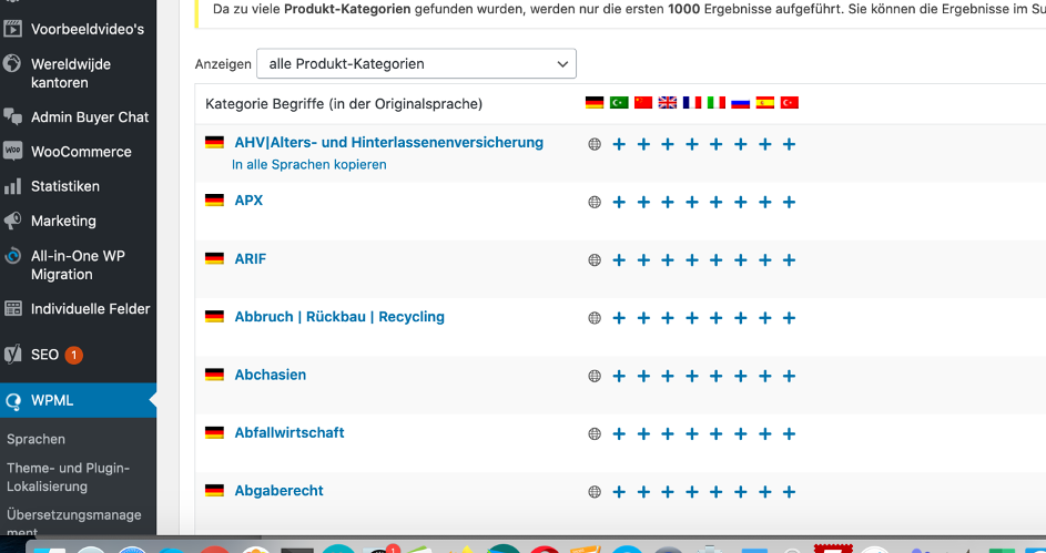 In dieser Wordpress-Seite zum WPML Translate Plug-In sieht man es gut: Sind z.B. bei den Kategorien noch lauter «+»-Zeichen unter den Länderflaggen, heißt das: man muss da noch die Sprachen zufügen, die über den Kategorien in den Flaggen angezeigt sind, also pro Sprache eine Page, also eine Seite anlegen. Es gibt aber auch die Funktion, dass man da dann alle Sprachen mit einem Klick pro Kategorie zufügt. Was nicht geht ist, dass man mit einem Klick ALLE angelegten Pages so anlegen lässt, dass sie übersetzbar werden mit WPML. Deshalb ist das Tool zeitintensiver als die kostenlose GTranslate-Variante.