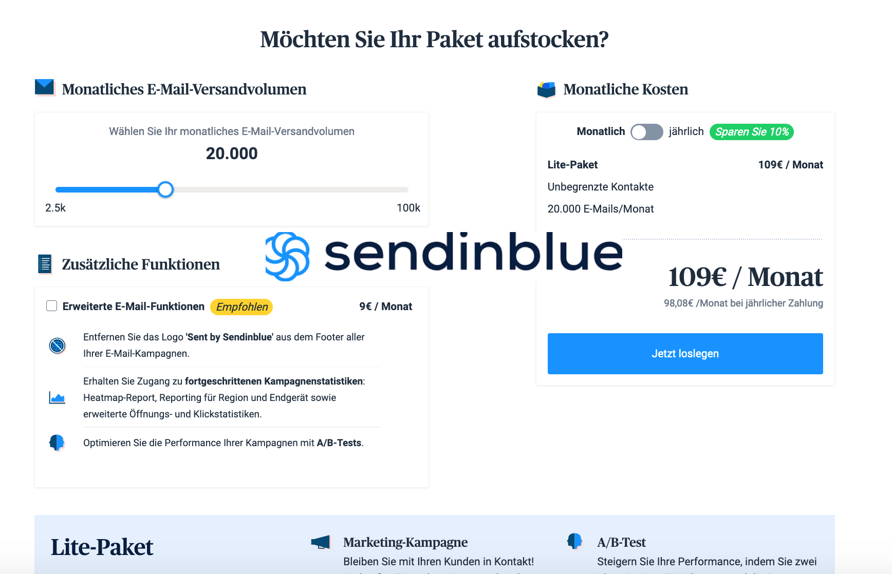 Ok, wenn wir das richtig verstehen, kosten also 20.000 E-Mail-Adressen im Monat rund 109 Euro auf diesem Newsletter-Tool.
