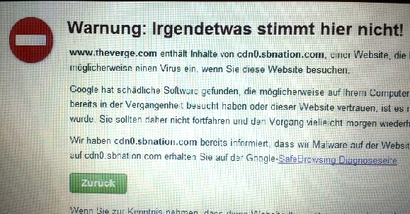 Warnung von Google Chrome vor bösartiger Spionage-Software.