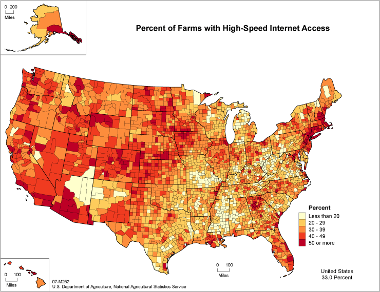 Je dunkler das Rot, desto verbreiteter ist bereits das High-Speed-Internet in den USA. Hier eine Karte, die die Abdeckung der Farmen mit dem schnellen Internet zeigt.