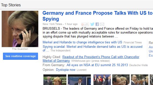 Ganz oben in Google News in den USA: Der kriminelle Hackerskandal der US-Geheimdienste bezüglich Angela Merkels Handy.
