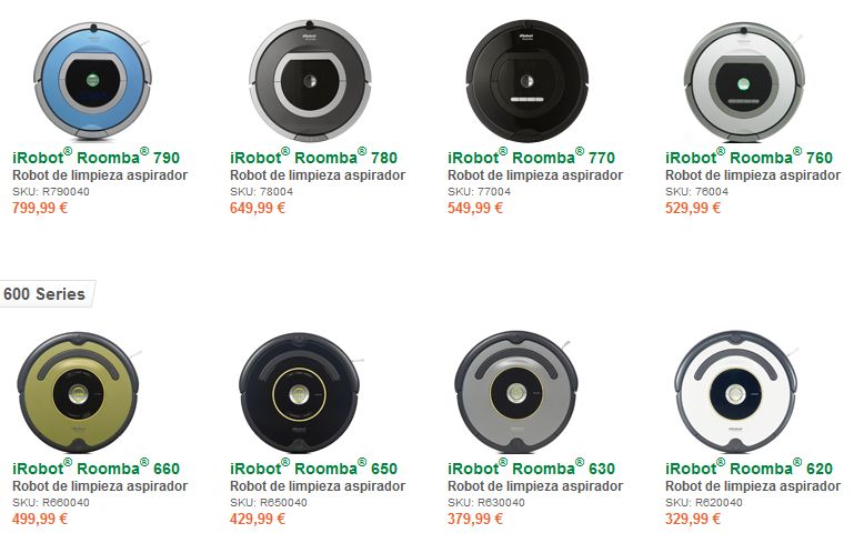 Auswahl an iRobot Roomba auf der iRobot-Homepage.