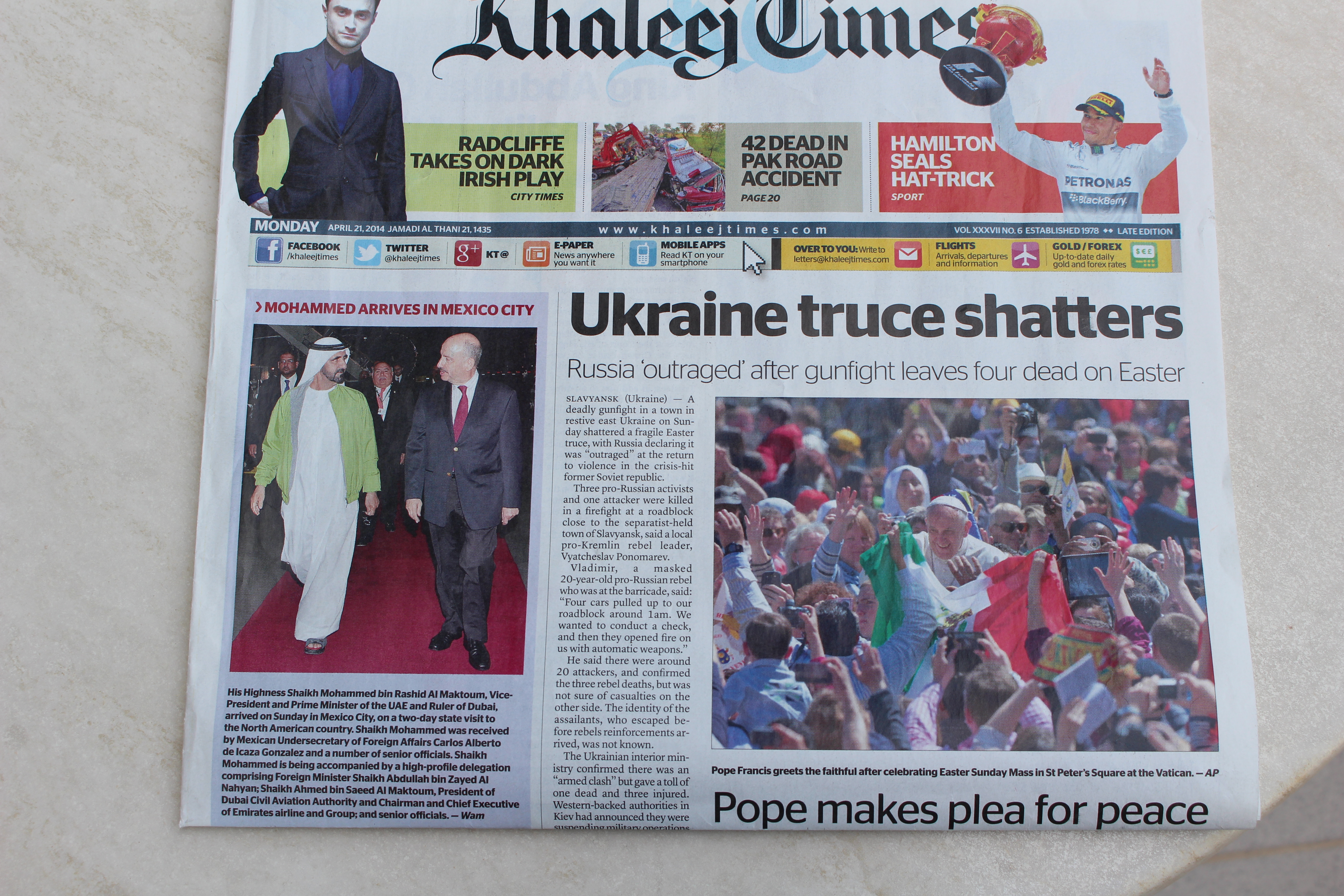 Regierungschef und absolutistischer Monarch auf Staatsbesuch in Mexiko: Shaikh Mohammed Bin Rashid, Besitzer der Emirates Airlines. Hier ein prominent aufgemachter Bericht in der Khaleej Times.