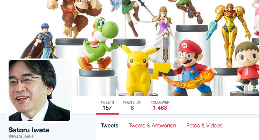 Twittern gehört offensichtlich nicht zu Iwatas Hobbys: Nur 8 Personen folgte er bei unter 200 Tweets.