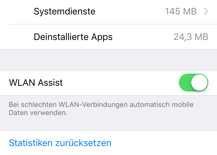Nach der Installation von iOS 9 ist der  WLAN Assist  automatisch aktiviert