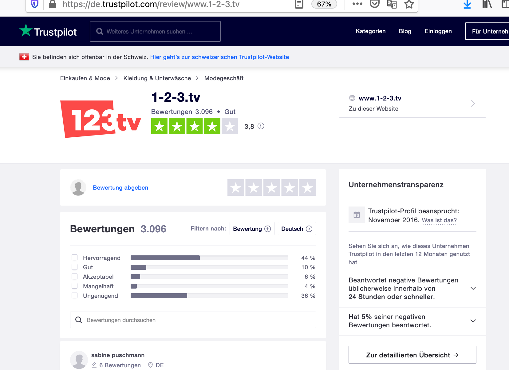Screenshot von 123tv am 31.3.2021. Auffällig: Obwohl es nur rund 50 Prozent positive Bewertungen gibt und immerhin rund 40 Prozente negative, also mangelhafte oder ungenügende Bewertungen, vergibt Trustpilot an 1-2-3.tv ein 'gut'. Noch vor einigen Monaten krebste 123tv mit deutlich schlechteren Noten auf Trustpilot. Der plötzliche Auftrieb wurde durch dubioses Newsletter-Marketing erreicht. Jetzt wurde 123tv deshalb von Trustpilot abgemahnt.