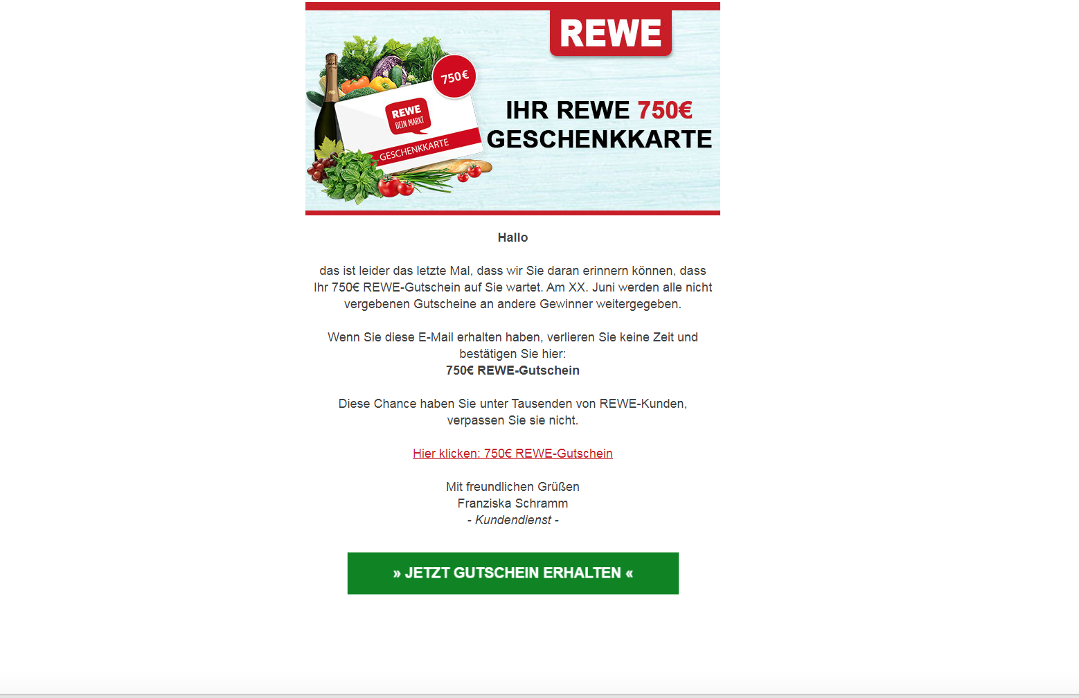 Betrug: Diese angebliche REWE-E-Mail dürfte krimineller Natur sein. Netz-trends.de empfehlen ausdrücklich: Nicht klicken!