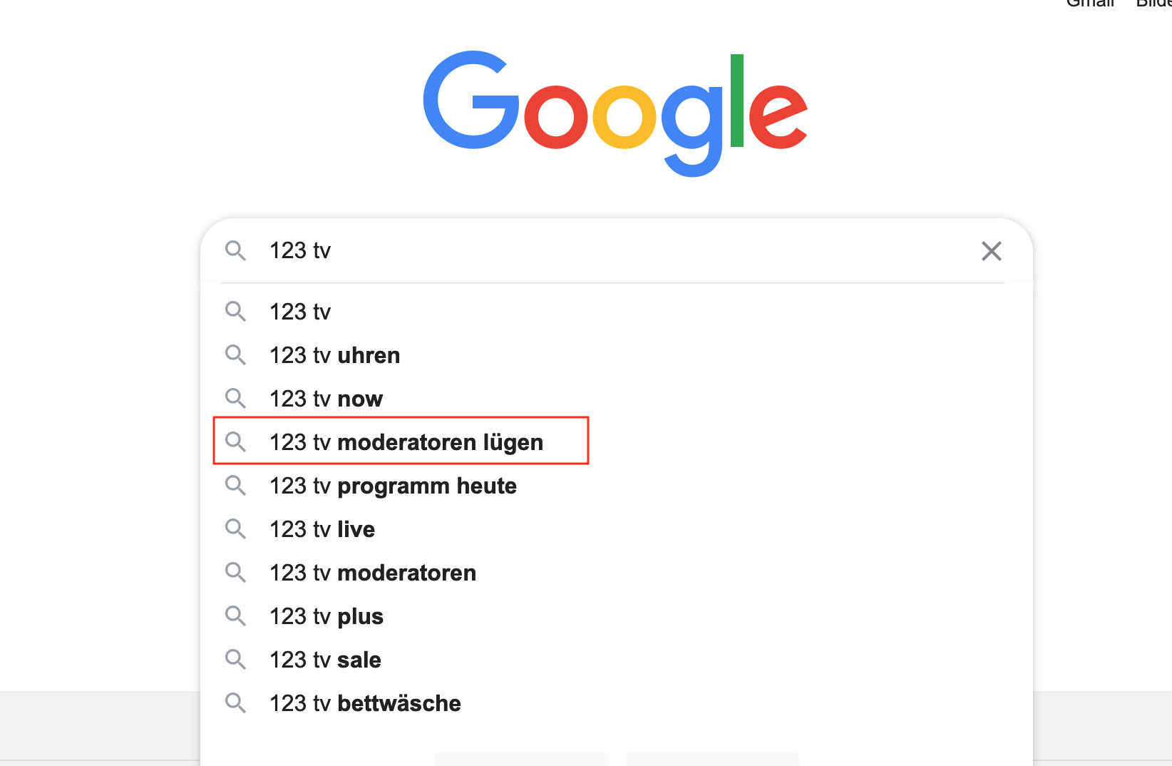Suchanfragen-Trefferliste von Google am 21. April 2021. Besonders sticht die Suchanfrage von Verbrauchern hervor zu möglichen Lügen von 123tv-Moderatoren. Netz-trends hat das rot umrandet.