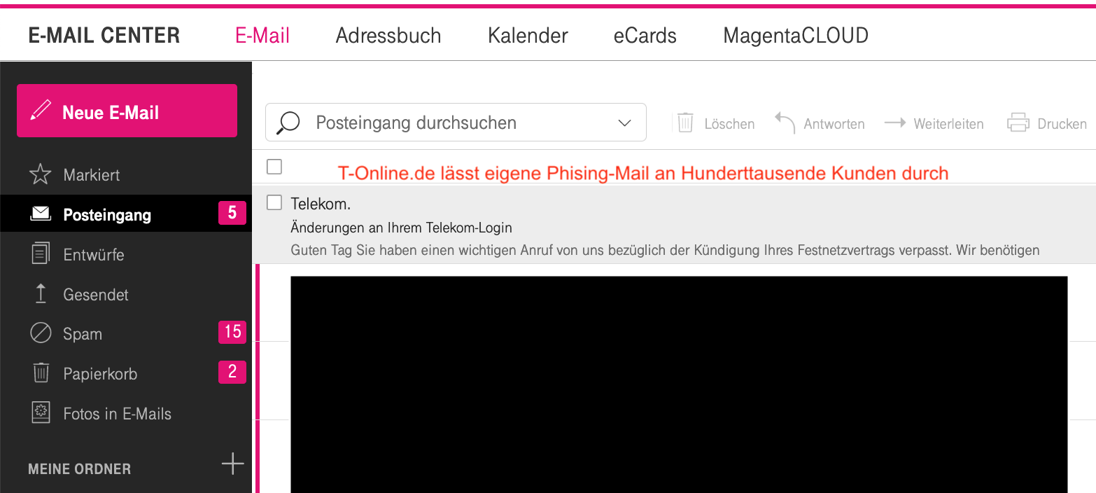 Geschätzt Hunderttausende E-Mail-Kunden von T-Online.de erhalten ausgerechnet über ihren eigenen Hosting-Service T-Online.de Phishing-Mails in angeblich eigener Sache. Ein Skandal, dass die E-Mail-Anbieter von T-Online.de Kunden nicht schützen. Ein erheblicher Verstoß gegen das europäische Datenschutzgesetz.