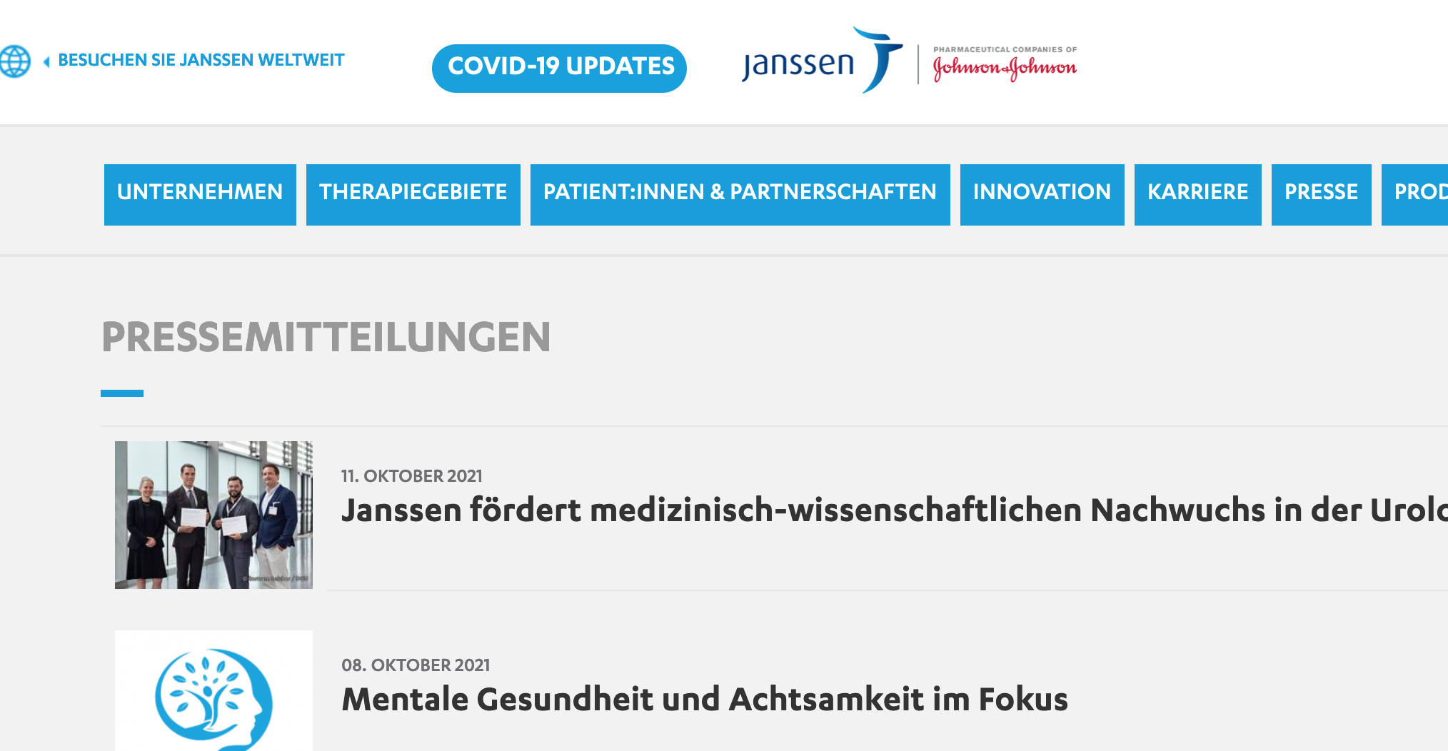 Esoterik-Schlagzeilen zur viel beschworenen 'Achtsamkeit' um 'Gesund' zu bleiben, als PR-Bestandteil der Pressearbeit unter anderem zur Jannsen Covid 19 Vaccine. Hier ein Screenshot von https://www.janssen.com/germany/pressemitteilungen.