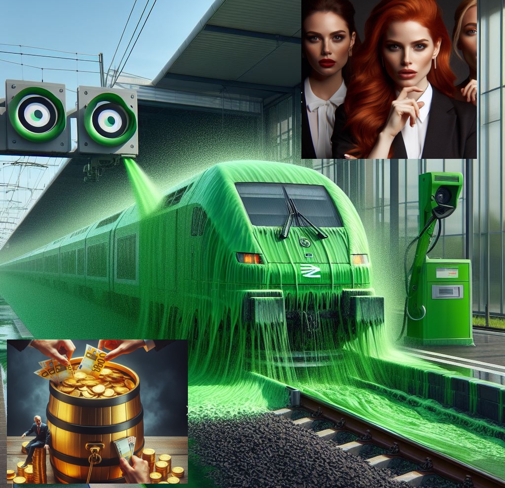 Keine Bildsatire: Der Bahn-Vorstand erhält Millionen durch Greenwashing und Frauenquoten für Top-Jobs ab 100.000 Euro – eine künstliche Intelligenz-Karikatur von Bing Image Creator.