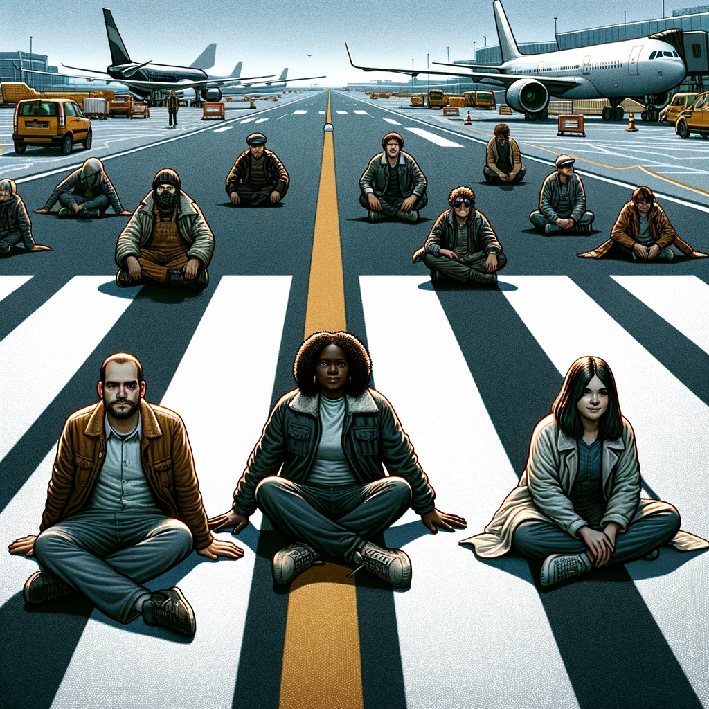 Klimakleber-Aktivistinnen und -Aktivisten: Trotz der weitreichenden Auswirkungen ihrer Proteste, von der Störung von Kranken- und Medikamententransporten bis hin zur Lahmlegung von Stadtteilen und Flugverkehr, behaupten sie, harmlos zu sein. Unser KI-Bild entstand mit Chat GPT.