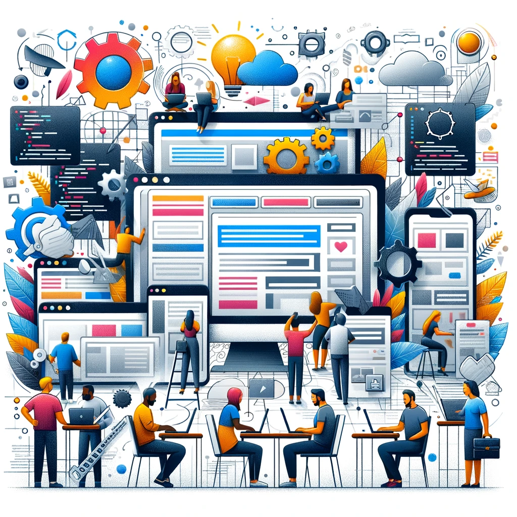 Das Bild illustriert das Konzept des Website-Baus mit einem Homepage-Baukastensystem. Es zeigt eine Gruppe verschiedener Personen, die an der Erstellung ihrer eigenen Websites auf Computern und Laptops arbeiten. Das Bild entstand über Bing Image Creator KI.