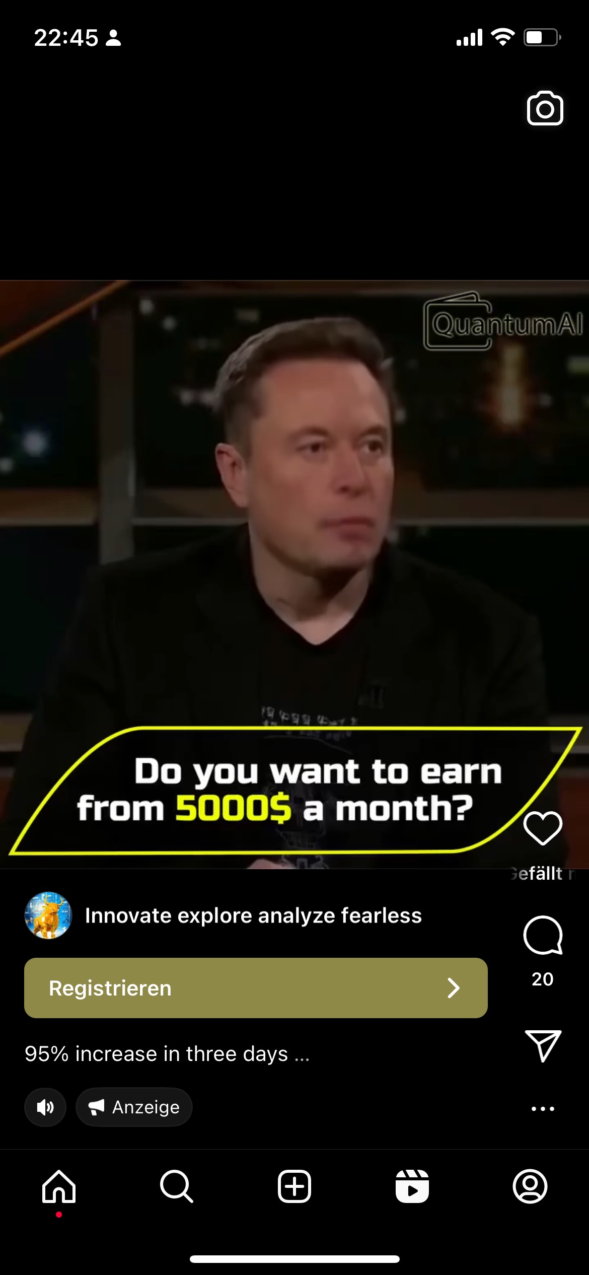 Entdeckt auf Instagram: Eine angebliche Aussage von Elon Musk zu einem angeblichen Trick wie man mit einer angeblichen Seite oder App mit dem Namen Quantum AI angeblich 5000 Dollar oder mehr im Monat verdienen kann. Achtung: Betrug!