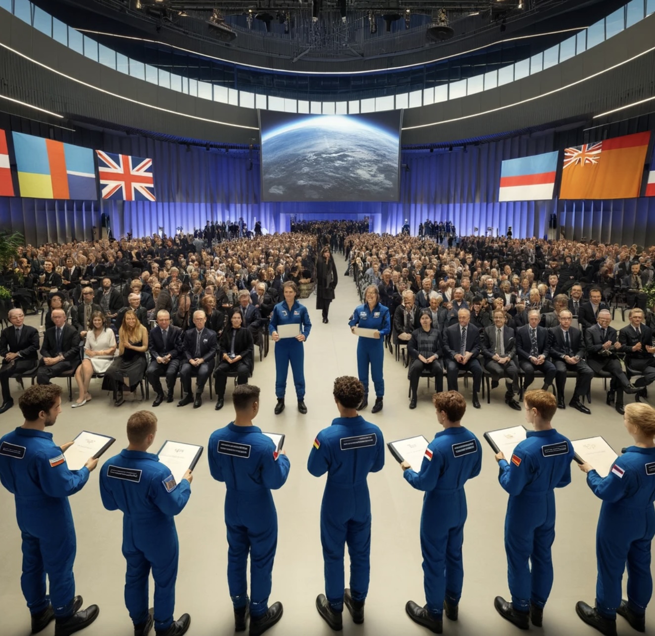 So stellt sich ChatGPT, die KI-Software, die europäische Astronauten-Zeremonie in Köln vor. Achtung: Dies ist ein fiktionales KI-Bild und hat nichts mit der Realität zu tun.