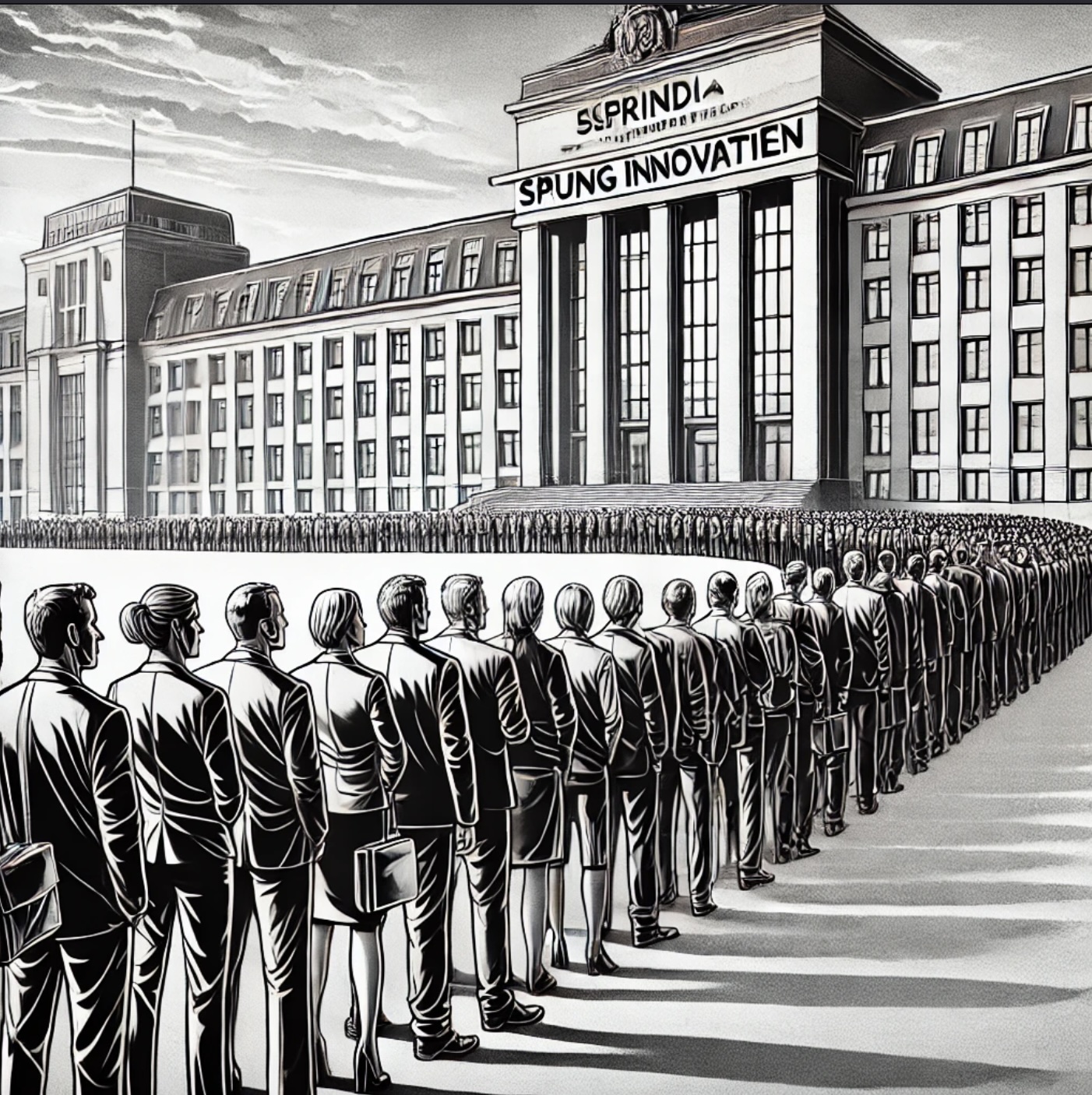 Eine lange Schlange von Bewerberinnen und Bewerbern vor der Bundesagentur für Sprunginnovationen (SPRIND) – über 200 Menschen konkurrieren um eine einzige Referentenstelle. Die Illustration symbolisiert den intensiven Wettbewerb auf dem Arbeitsmarkt - trotz Fachkräftemangel in vielen Branchen wie dem Bau, Handwerk, Pflege, Ärzteschaft, Hotelerie, Gastronomie. BILD: KI-generiert über Chat GPT auf Anfrage von NETZ-TRENDS.