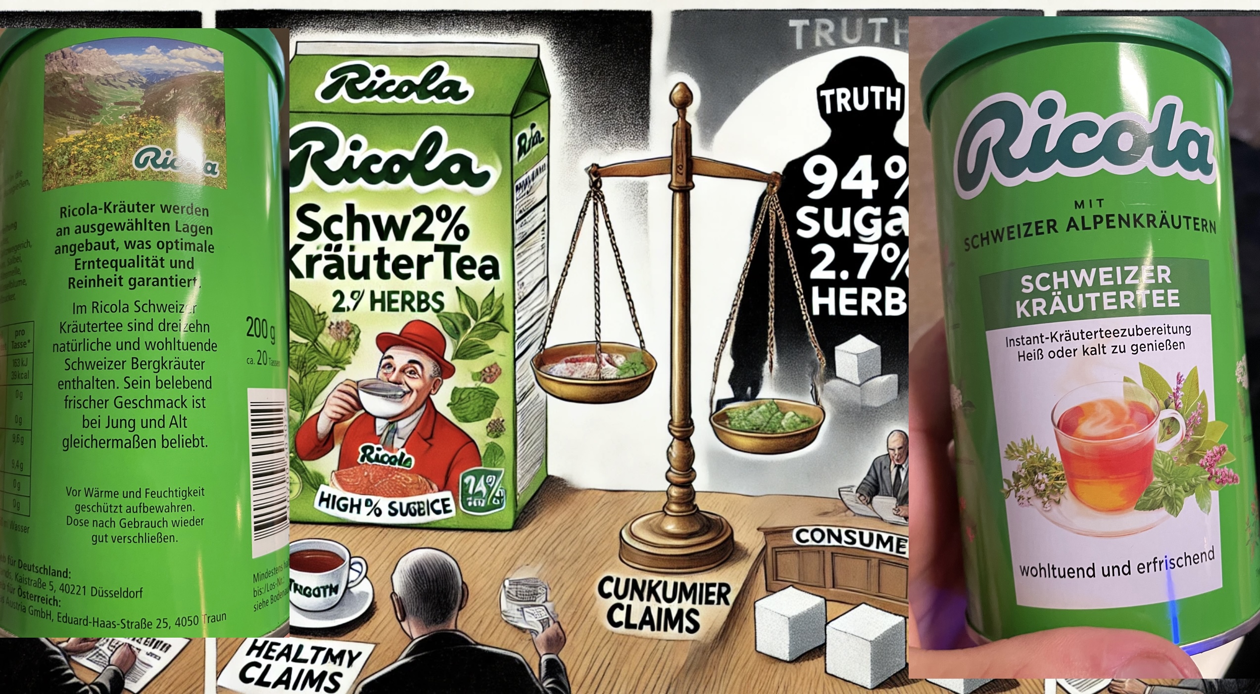 Übel und nicht mehr lustig: Wie uns die Schweizer Ricola AG für dumm verkauft und im Marketing nicht mehr lustig, sondern ernst gesundheitsgefährdend ist. Gerichte sollten dringend einschreiten. Netz-trends.de baute diese Bilder-Collage mit Hilfe von echten Fotos und (Hintergrund) Chat GPT KI.