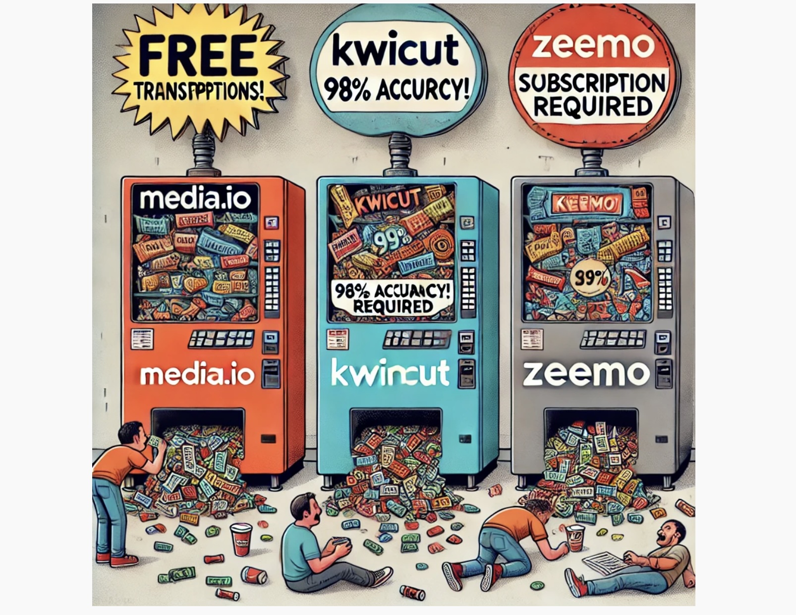 Verlockende Versprechen, enttäuschende Ergebnisse: Plattformen wie Media.io, KwiCut und Zeemo werben mit kostenlosen Transkriptionen, liefern jedoch nur Satzfragmente – oft hinter versteckten Abo-Kosten verborgen. Bild: KI-generiert über Chat GPT.