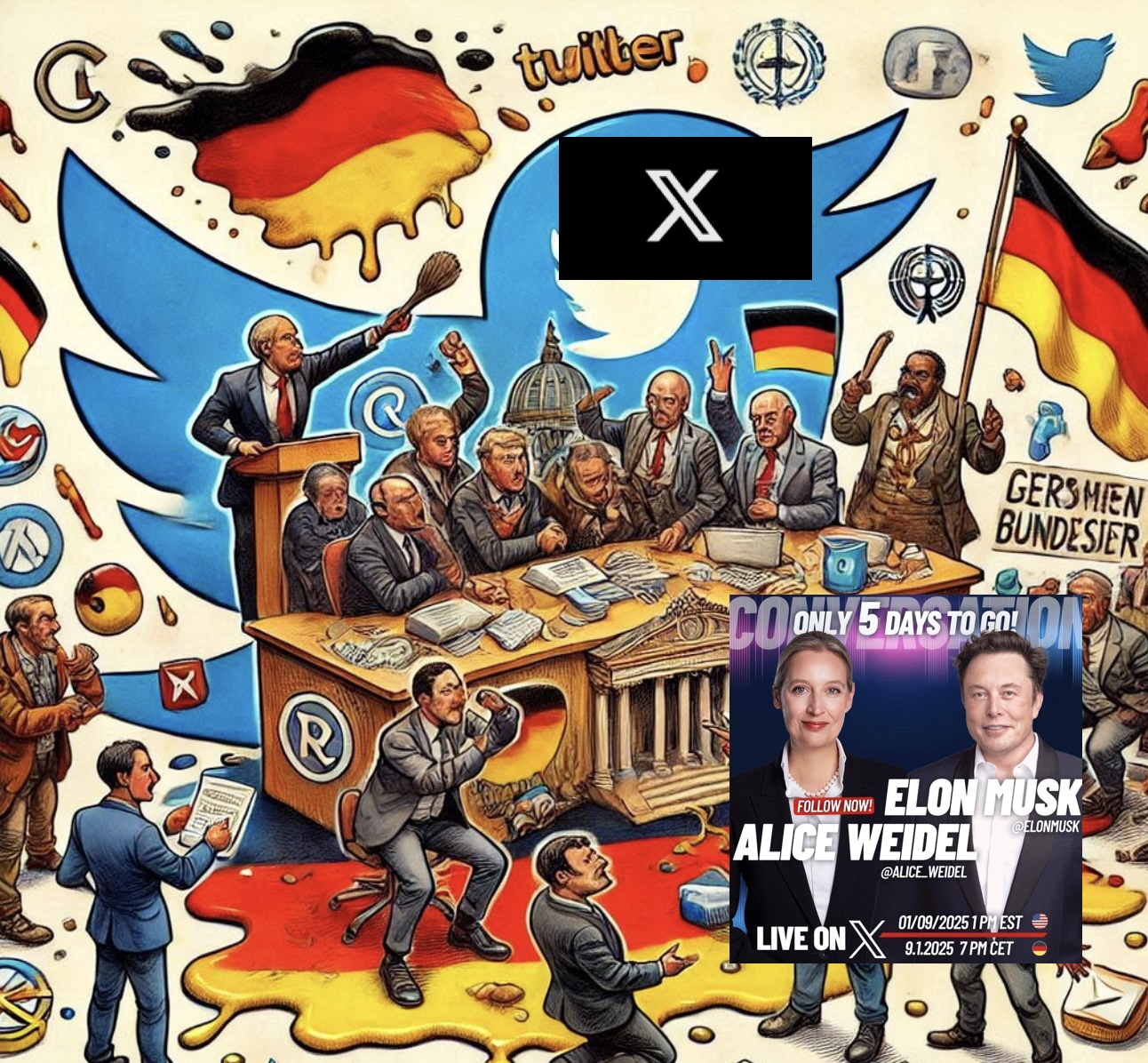 Im Feuer bei der Bundesregierung aus SPD und Grünen: Der Livechat des reichsten Menschen der Welt, von Elon Musk mit AfD-Chefin Alice Weidel auf X, dem Nachfolger von Twitter. Das Bild ist KI-generiert über bing.com Bildgenerator. Zudem wurde es durch Screenshots ergänzt zu einer Collage.
