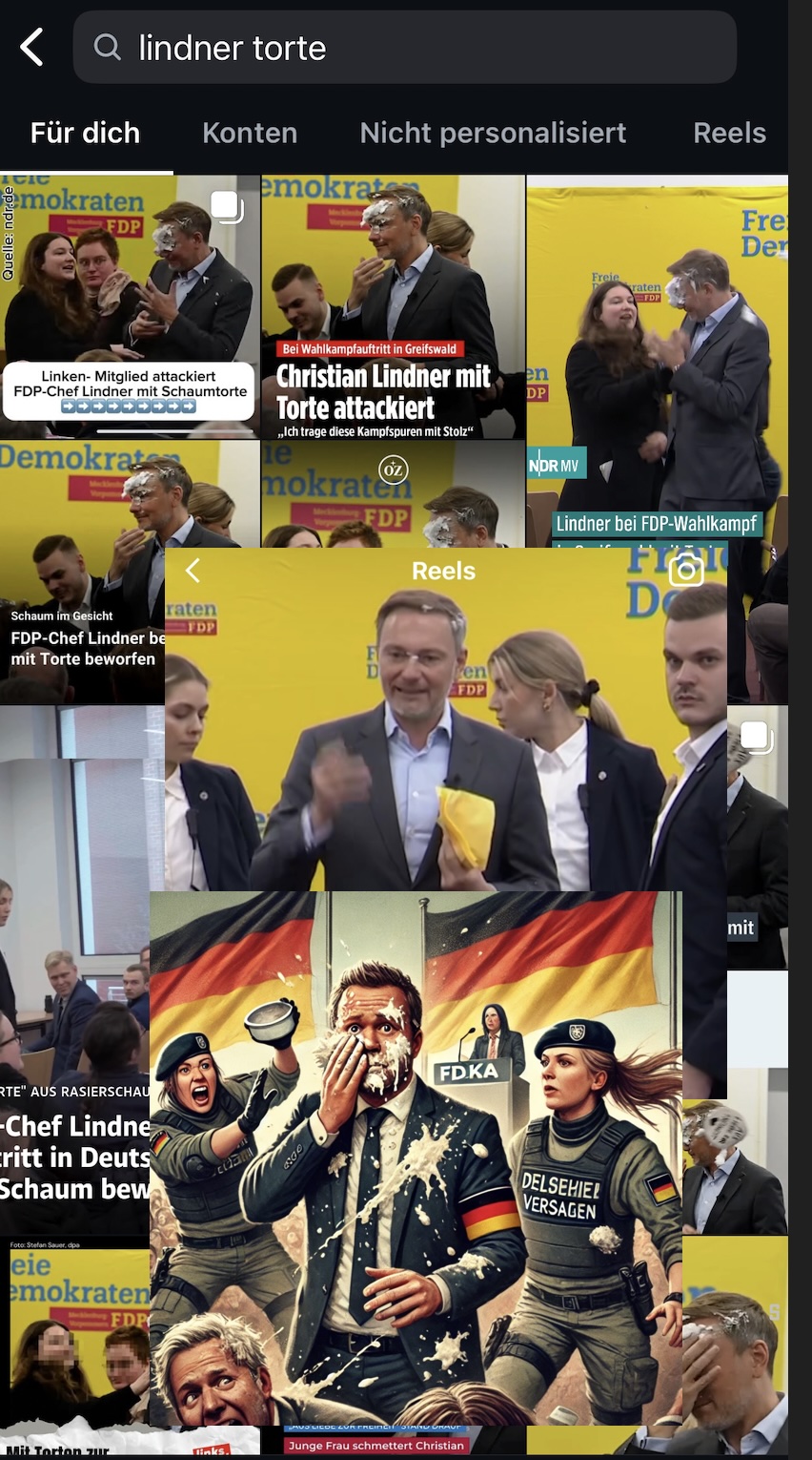 Collage aus Instagram-Posts und einem KI-Bild wie sich die Bildsoftware von Chat GPT das Lindner Attentat vorstellt. In der Mitte die beiden Versagerinnen des BKA oder LKA-Personenschutzes.