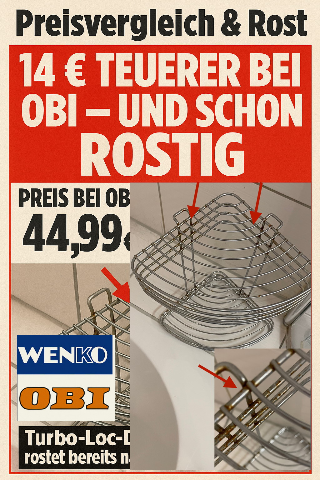 Nach nur sechs Monaten verrostet – und letztlich im Müll gelandet: Der im Artikel dokumentierte Turbo-Loc-Eckduschkorb der Marke Wenko, gekauft bei Obi, hielt den Feuchtraumbedingungen nicht stand. Grafik: Chat GPT Pro-Abo-Version für NETZ-TRENDS.de.