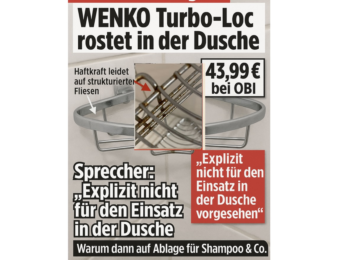 Vorne: der originale, deutlich verrostete Duschkorb von WENKO – fotografiert nach nur wenigen Monaten im Einsatz. Dahinter: ein KI-generiertes Symbolbild eines ähnlich konstruierten Modells (nicht direkt von WENKO). Während der Hersteller gegenüber der Presse von angeblich falscher Nutzung spricht, zeigt die Realität: Wer ein Produkt so bewirbt und platziert, muss sich an der Alltagstauglichkeit messen lassen. Sich mit fadenscheinig Kleingedrucktem herauszureden ist unseriös.