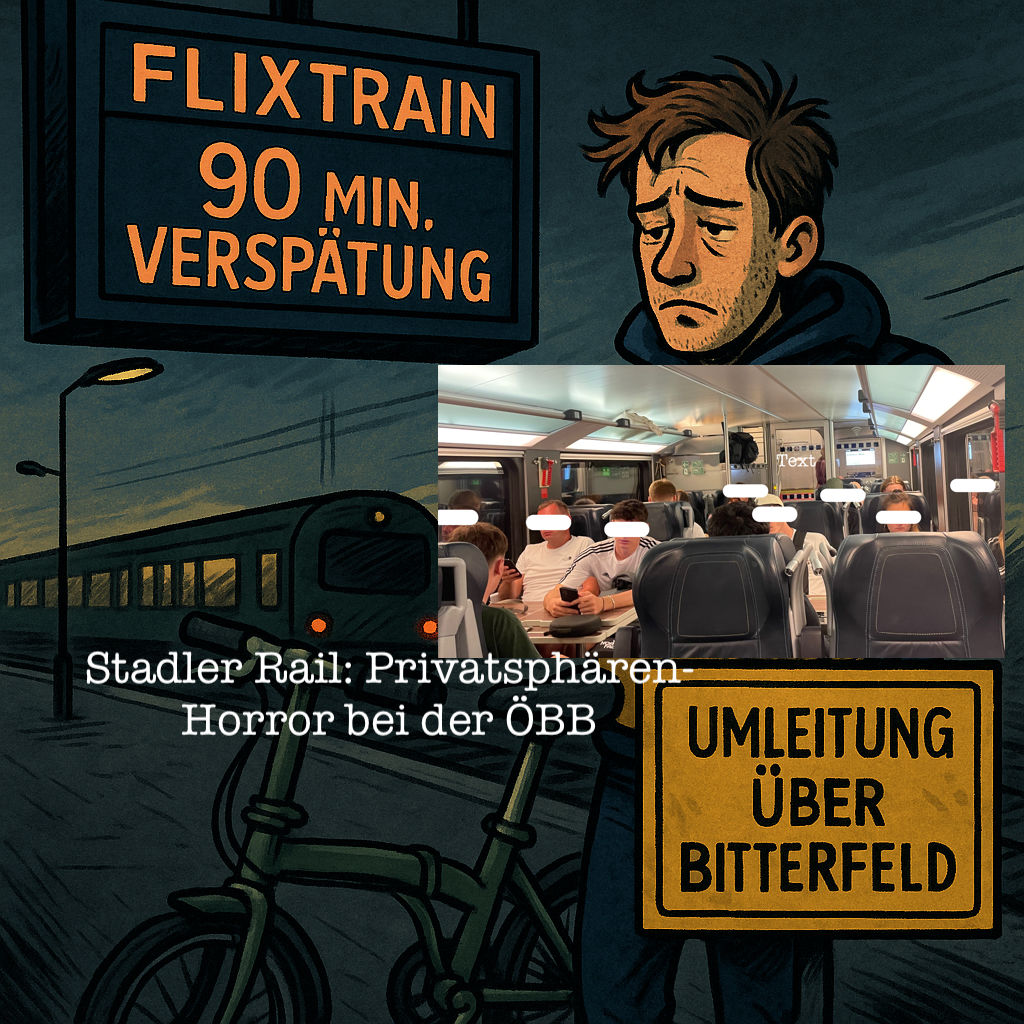 Grafik: ChatGPT Pro-Version / netz-trends.de. Reisen wie im Hühnerkäfig: In den Nachtzügen der ÖBB, gebaut vom Schweizer Hersteller Stadler Rail AG mit Sitz im thurgauischen Bussnang, sind die Rückenlehnen schätzungsweise 20 Zentimeter niedriger als im ICE – und nehmen den Fahrgästen im Großraumabteil nahezu jede Form von Privatsphäre. Reisen wird so zum Stressfaktor.