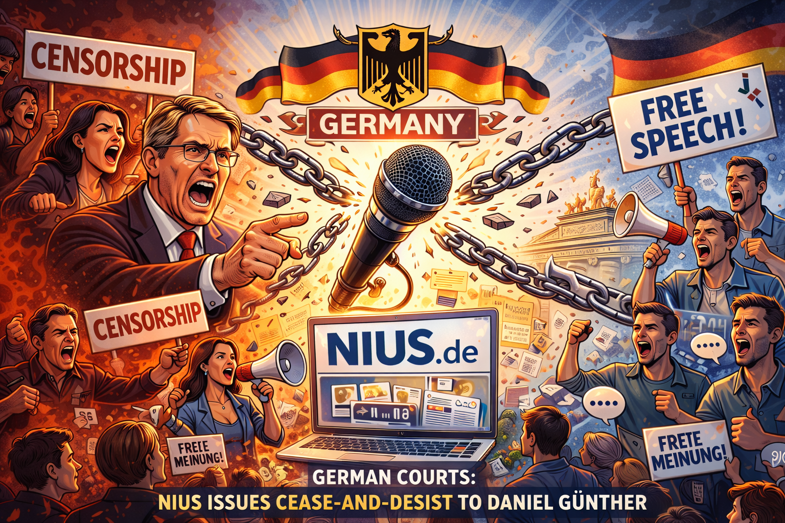 Germany at a crossroads: On one side, calls for censorship voiced by political authority; on the other, the constitutional principle of free speech and press freedom. The illustration symbolizes the German debate surrounding NIUS and Prime Minister Daniel Günther, highlighting the tension between state power, neutrality obligations under the German Basic Law, and the fundamental right to express dissenting opinions in a democratic society.