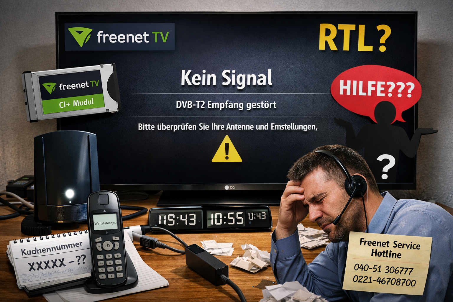 Das Chaos hat einen Namen: Die angebliche "Hotline" von freenet. Bild: KI-generiert