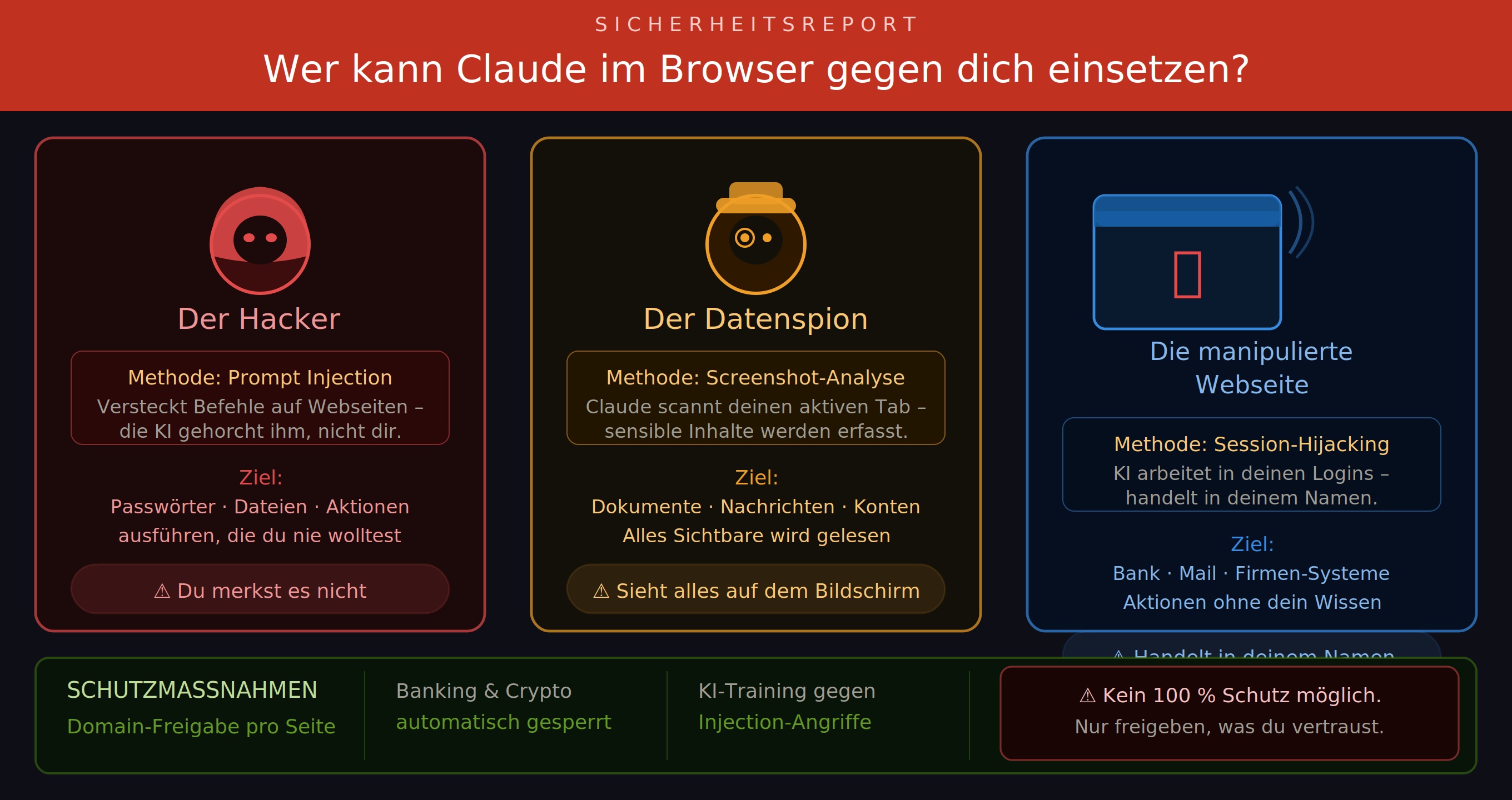 Die Google-Chrome-Erweiterung von Claude ist ein beeindruckendes KI-Werkzeug, das die Arbeit im Browser erheblich erleichtern kann – zugleich bringt der Einsatz eines solchen KI-Agenten auch Sicherheitsrisiken mit sich, die Nutzer, Unternehmen und Behörden nicht unterschätzen sollten. Grafik: Claude.ai