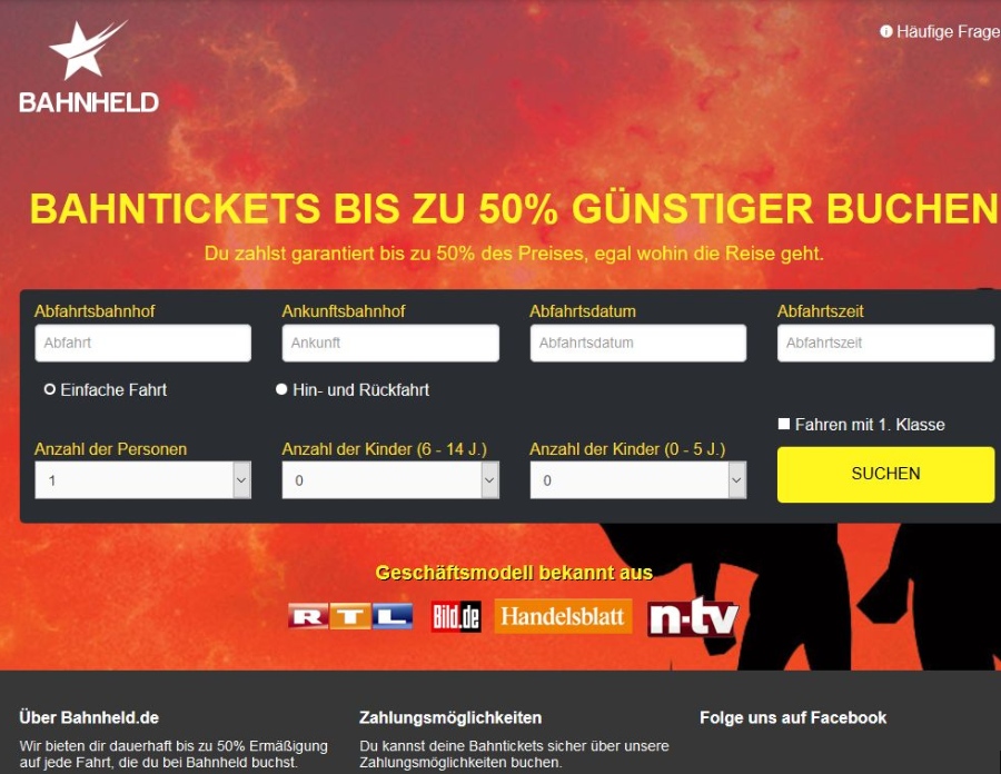 Einstige Werbeversprechen auf der Webseite Bahnheld.