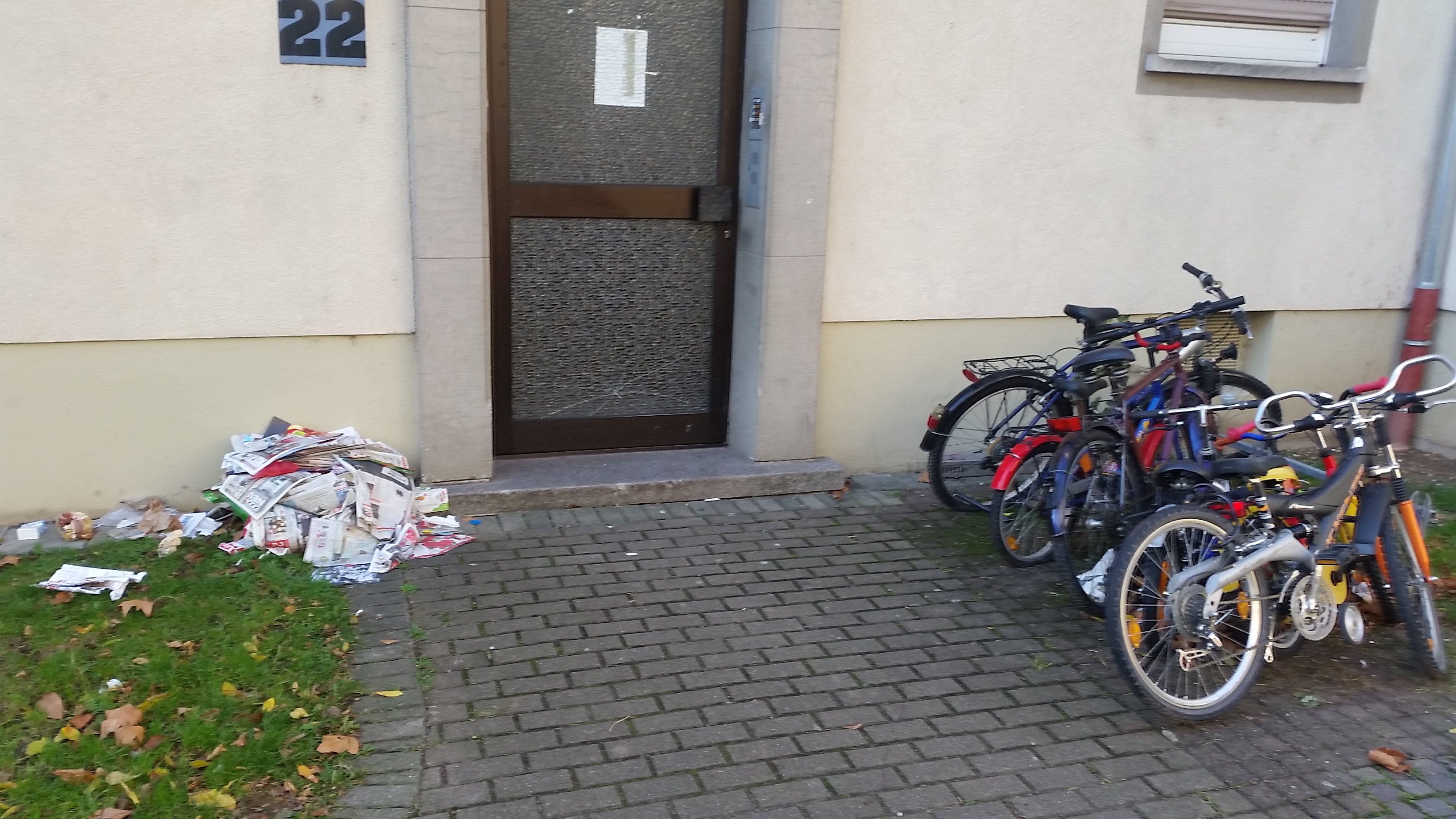 Karlsruher Hauseingang Anfang Dezember 2015. Das Wohnaus steht nicht etwa am Karlsruher Stadtrand, sondern mitten im Zentrum. Der Dreck scheint niemanden groß zu stören.