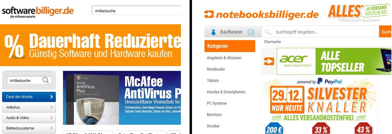 Zwei Webseiten im Clinch: Links softwarebilliger, rechts notebooksbilliger. Grafisch scheinen die Seiten deutlich unterscheidbar, doch sieht das notebooksbilliger.de nicht so.
