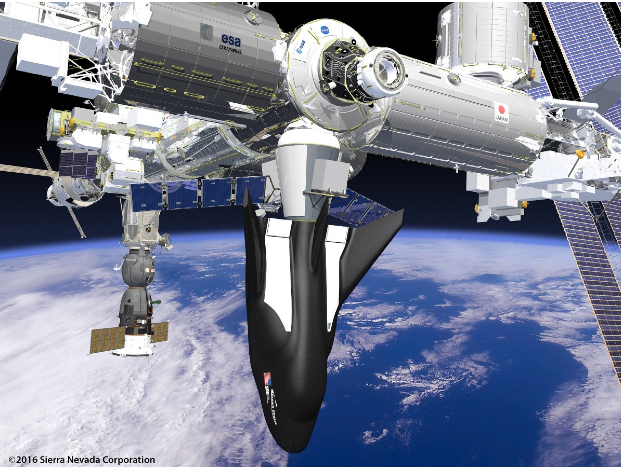 Künstlerisches Konzept der Sierra Nevada Corporation zum SNC Dream Chaser, welcher an die ISS andockt.