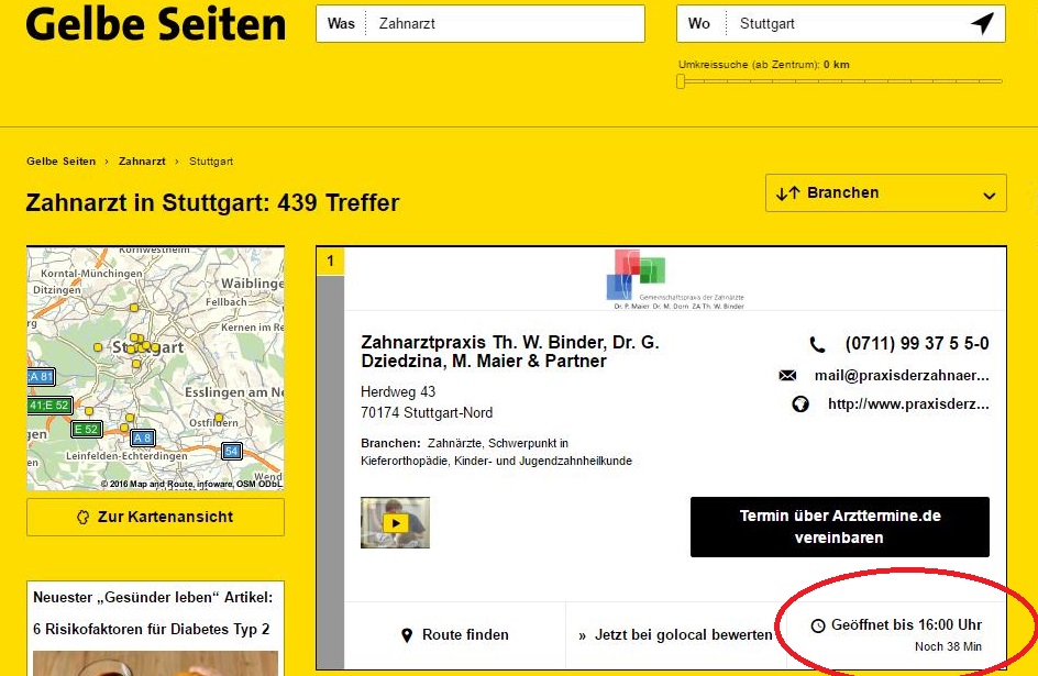 Cool: Die Gelben Seiten bieten online stets minutengenau an, wie lange ein Arzt oder sonstiger Dienstleister noch geöffnet hat.