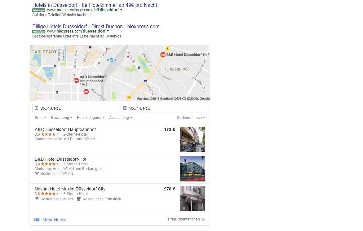 Das Google-Hotelvermittlungsportal "Google Hotels" (im unteren Teil des Bildes) setzt deutschen Hotelportal-Betreibern zu.