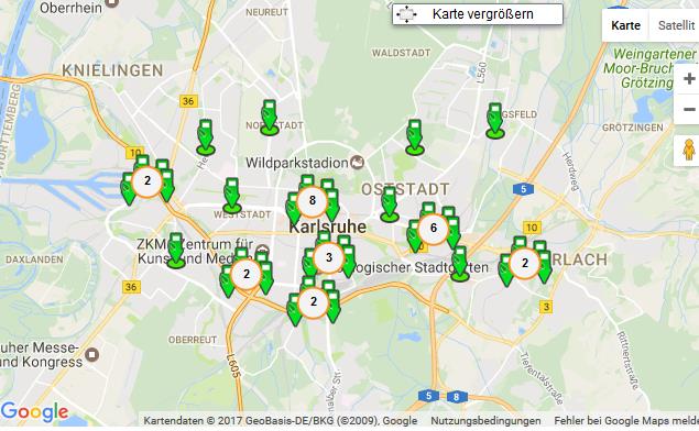 Reichlich Luft nach oben: Auch in der TU-Unistadt Karlsruhe muss man die Strom-Zapfsäulen für Elektroautos noch mit der Lupe suchen. (Bild: https://e-tankstellen-finder.com/de/de)