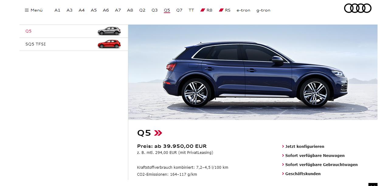 Wenn man auf der neuen Audi-Gebrauchtwagenbörse auf die obere Menüleiste klickt, kommt man erstmal zur Konfiguration für Neuwagen. Etwas verwirrend!