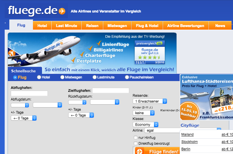 So sah das Unister-Portal fluege.de 2010 aus.