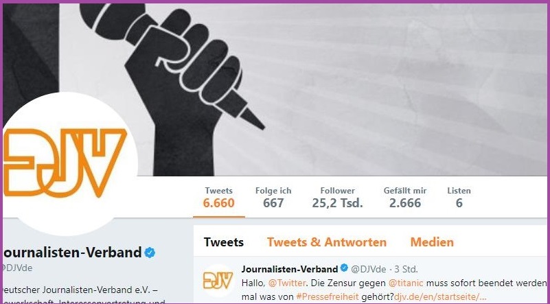 Auch der DJV mokiert sich wegen Account-Sperrung von Titanic. Bild: Screenshot DJV auf Twitter.