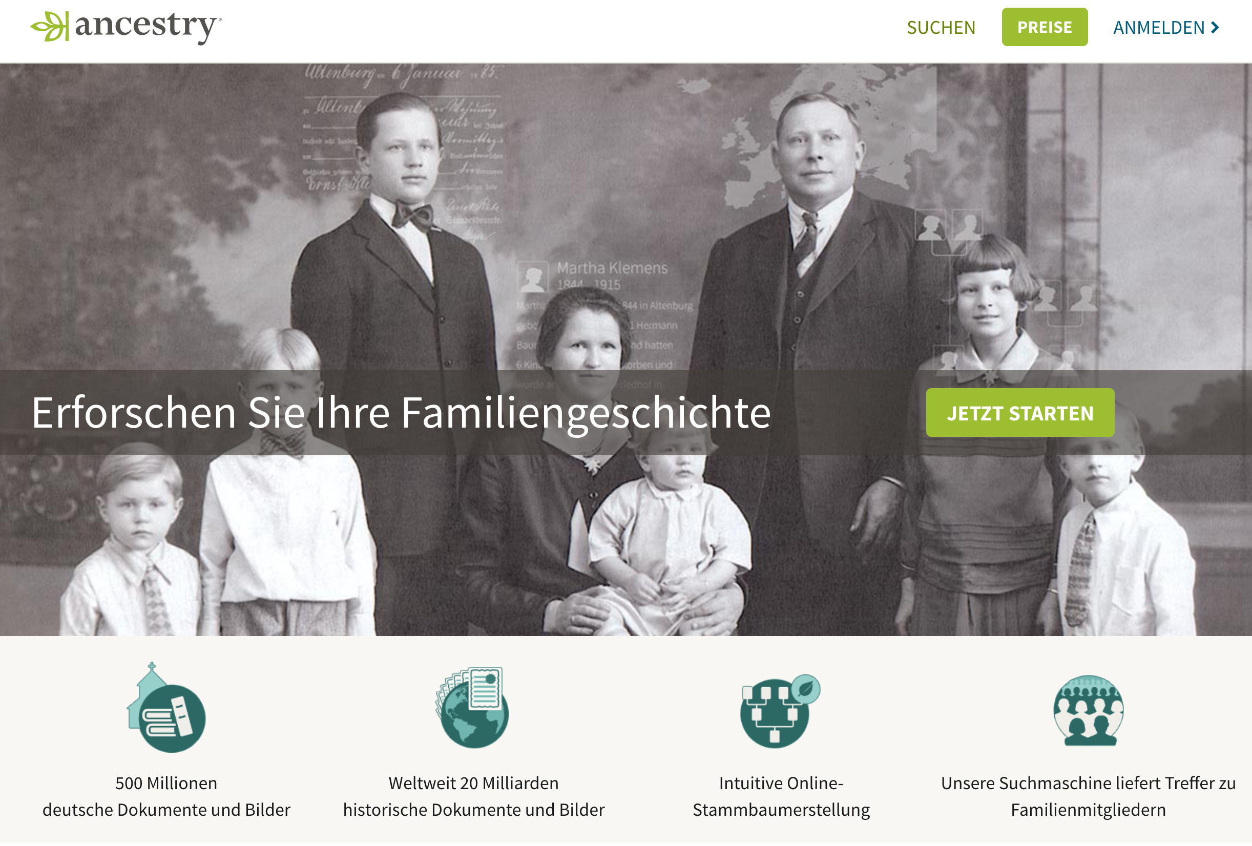 Die Homepage des Anbieters Ancestry.de ist übersichtlich und ansprechend gestaltet.