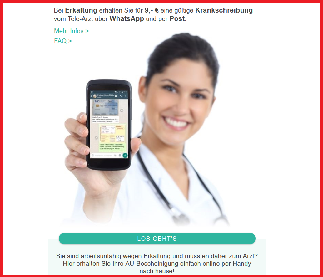 Mit dieser freundlichen Dame wirbt die Firma AU-Schein für ihr umstrittenes Geschäftsmodell - der Krankenschein per WhatsApp.