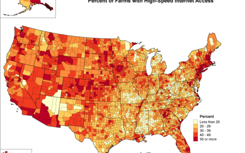 Je dunkler das Rot, desto verbreiteter ist bereits das High-Speed-Internet in den USA. Hier eine Karte, die die Abdeckung der Farmen mit dem schnellen Internet zeigt.