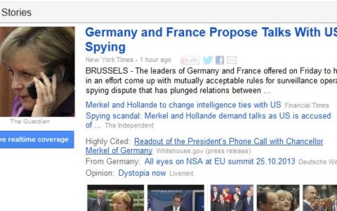 Ganz oben in Google News in den USA: Der kriminelle Hackerskandal der US-Geheimdienste bezüglich Angela Merkels Handy.