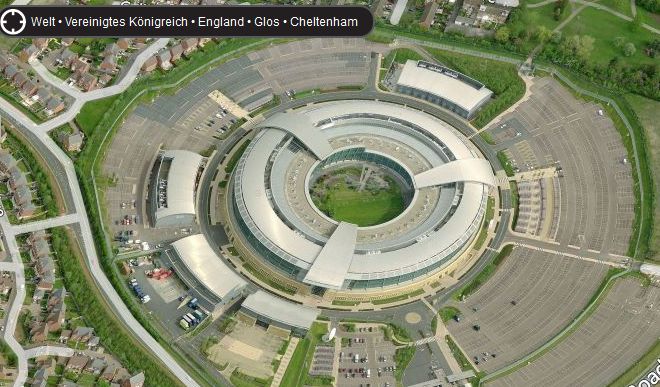 Die GCHQ-Zentrale im kleinen britischen Örtchen Cheltenham aus der Vogelperspektive von Bing.com Maps.