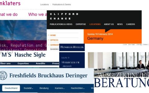 Deutschlands größte Anwaltskanzleien und ihr Netz-Auftritt: Freshfields Bruckhaus Deringer, CMS Hasche Sigle, Hengeler Mueller, Clifford Chance, Linklaters
