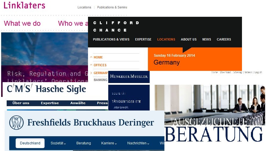 Deutschlands größte Anwaltskanzleien und ihr Netz-Auftritt: Freshfields Bruckhaus Deringer, CMS Hasche Sigle, Hengeler Mueller, Clifford Chance, Linklaters