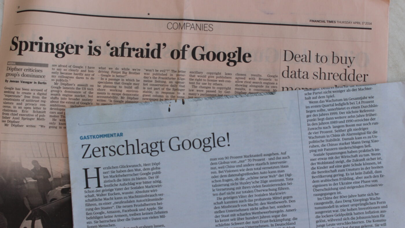 Germany’s leading financial newspaper, Handelsblatt, published an article with the headline “Zerschlagt Google!” (Break up Google!). The article above is from the Financial Times.