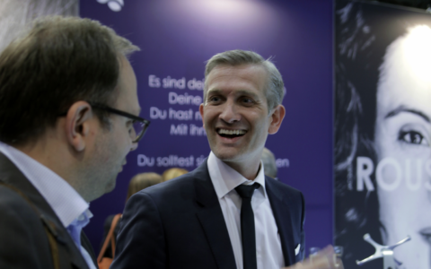Robert Merkel, Vorstand der Life Media Group AG aus Leipzig, auf der Leipziger Buchmesse mit dem neuen Digitalverlag Frankly